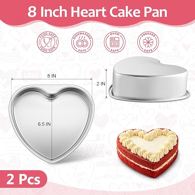 E-far 8 Inch Heart Cake Pan, 2Pcs Stainless Steel Heart Shaped Cake Mold, Cake Tin Baking Pan for Valentine's Day Anniversaries Wedding, Non-Toxic & Dishwasher Safe