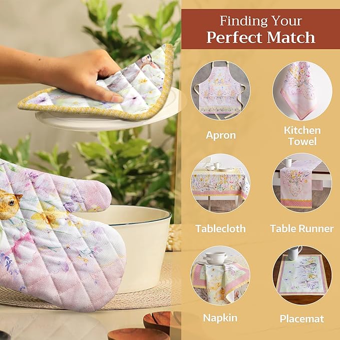 Maison d' Hermine 100% Cotton Oven Mitt & Pot Holder Set (7.5"x13" & 8"x8") Heat Resistant BBQ Cooking Gloves with Loop, Baking, Grilling, Kitchen, Handling Hot Pans Spring/Summer (Easter Zest)