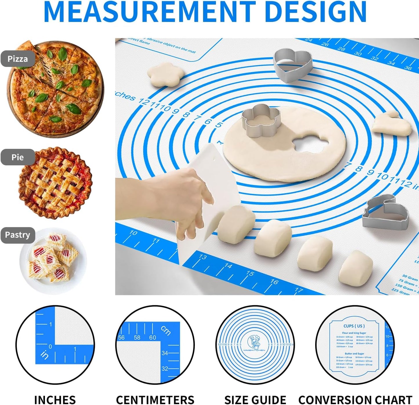 Silicone Pastry Mat for Baking, Pastry Dough Mat for Rolling, Kneading Mat, Silicone Baking Mat for Pizza Cookies Pie Crust Kitchen Counter Mat Placemat Oven Mat