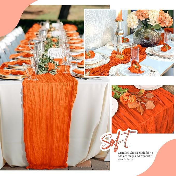 6 Pack Orange Cheesecloth Table Runner 17x108 Inch Semi Sheer Boho Gauze Cheese Cloth Fabric Table Runners, for Wedding Party Baby Shower Birthday Home Decor Garden Farmhouse