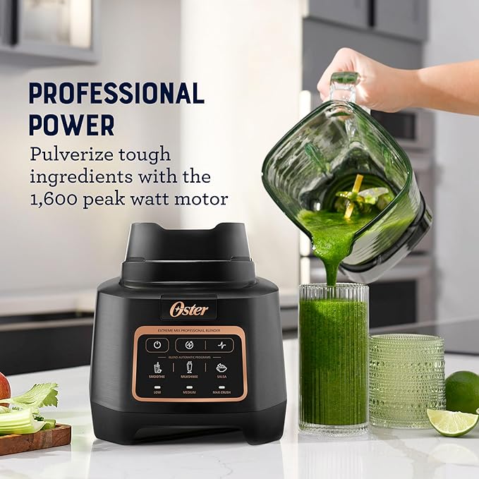Oster Extreme Mix Blender, 64oz Glass Jar, 3 iBlend Preset Functions, 1600-Watts, 10-Point Blade Stack with Titanium Coating & 24oz Blend-N-Go Cup