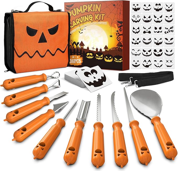 imarku Pumpkin Carving Kit, 36PCS Pumpkin Carving Tools, Professional Pumpkin Carving Knife Set with Stencils & Bag for Beginners, Sharp Pumpkin Carving Gift for Halloween Decoration Jack-O-Lanterns