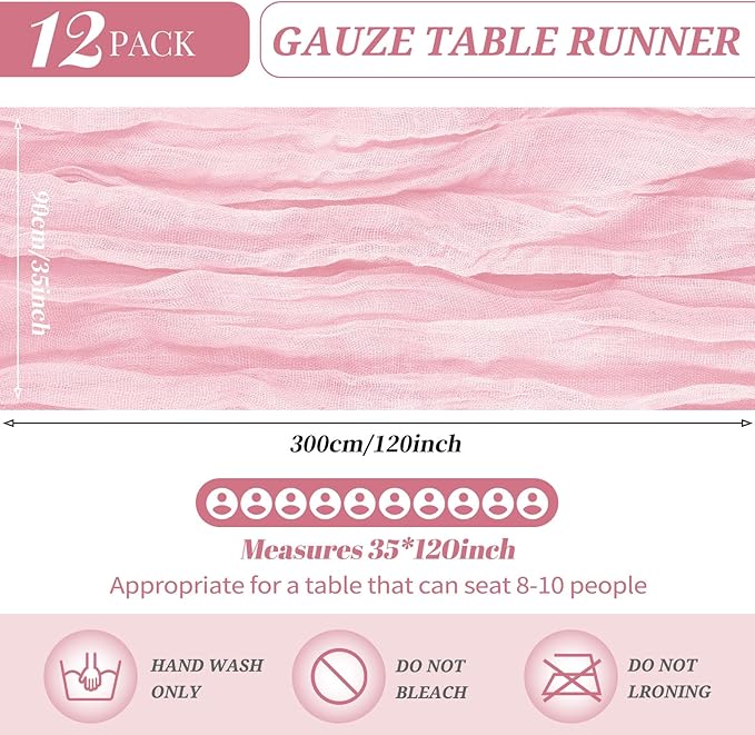12 Pack Cheesecloth Table Runner 35 x 120 inch Long Boho Cheese Cloth Gauze Table Runners Semi Sheer Table Runner for Wedding Decor, Bridal Shower, Birthday Party (Light Pink)