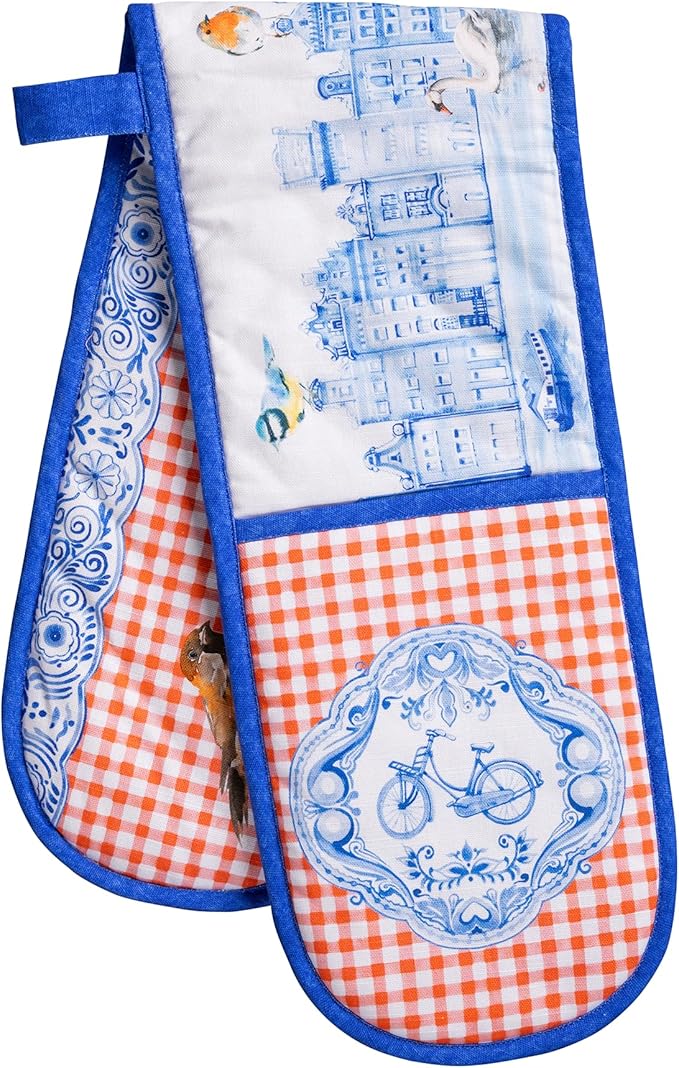 Maison d' Hermine Double Oven Mitts 100% Cotton 7"x35" Double Oven Mitt Heat Resistant BBQ Cooking Gloves with Loop, Baking, Grilling, Home, Kitchen, Handling Hot Pans Spring Summer (Amsterdam Canals)