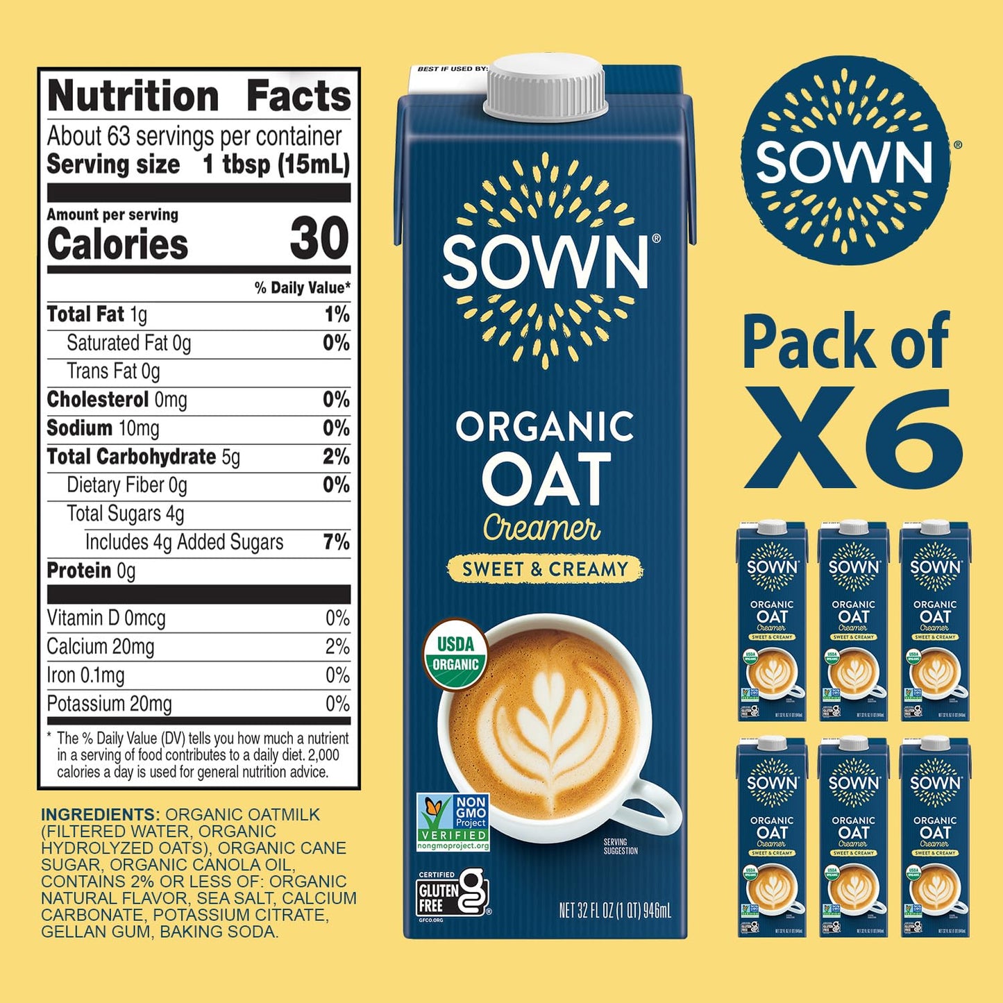 SOWN Organic Oat Creamer Sweet & Creamy - Barista Oat Milk Non Dairy Coffee Creamer - Plant Based, Dairy-Free, Vegan, Gluten-Free, Non-GMO, Shelf Stable - 32oz (Pack of 6)
