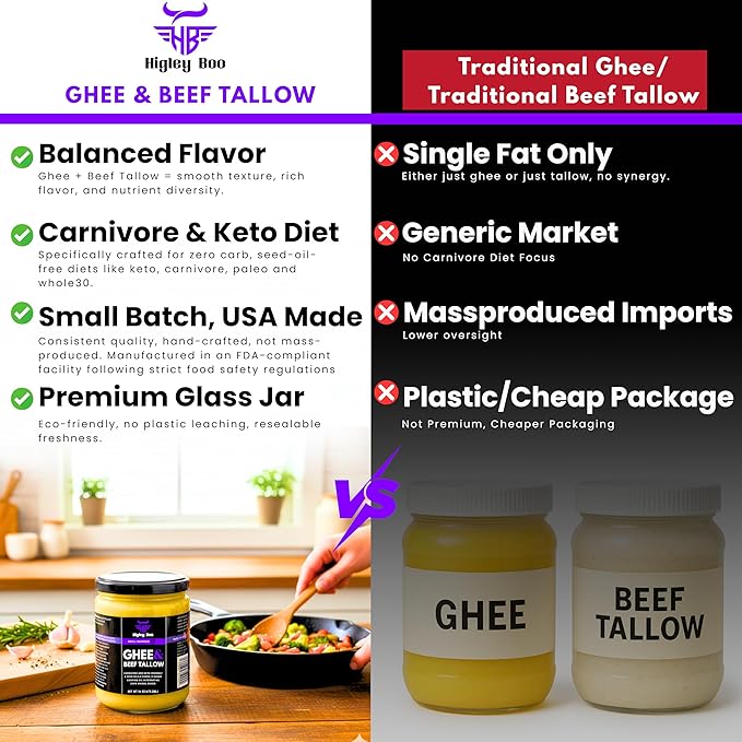 Higley Boo Premium Ghee & Beef Tallow for Cooking – 100% Animal-Based Cooking Oil | Keto, Carnivore & Paleo Friendly | Seed Oil Free | Zero Carbs, Zero Sugar | Gluten-Free, Lactose-Free | 16oz Jar