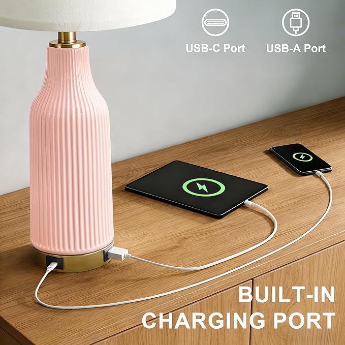 24.5" Modern 3-Way Dimmable Touch Control with USB A+C Ceramic Lamps Set of 2 Table Lamp for Living Room Bedroom Farmhouse Nightstand Bedside Pink