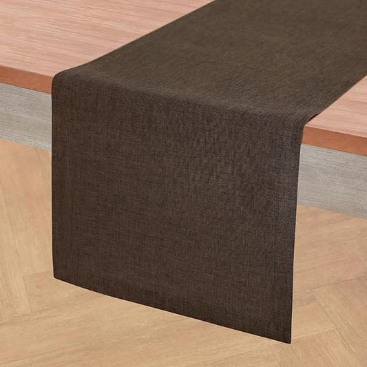 Solino Home Linen Small Table Runner 60 Inches - Athena, 100% Pure Linen Chambray Brown Table Runner 14 x 60 Inch Ideal for Dresser and Coffee Tables - Winter