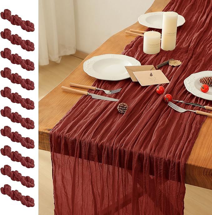 Leetaltree 10 Pack Terracotta Cheesecloth Table Runner, 35x120 Inch Boho Rustic Cheese Cloth Table Runner, Decorative Table Runners for Bridal Baby Shower Decorations or Wedding Table Decorations