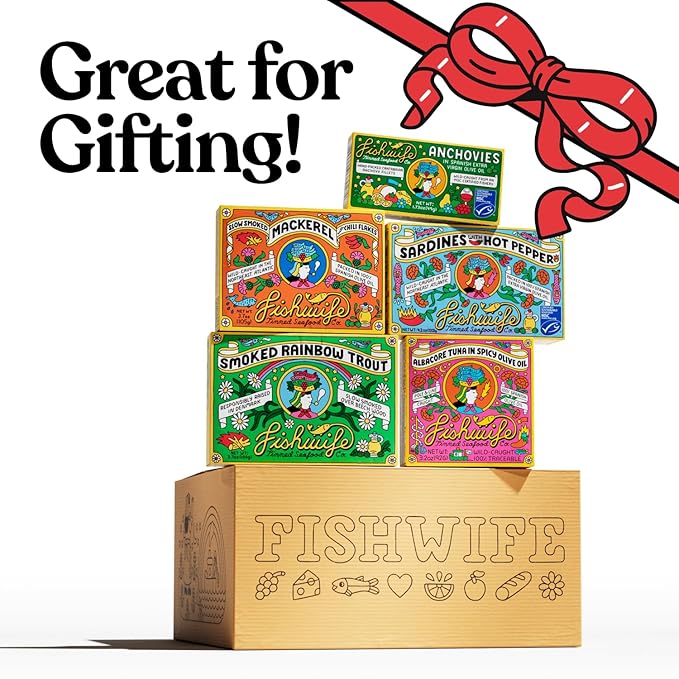 Fishwife Holiday Gift Set (5-Pack Variety with Cantabrian Anchovies, Sardines with Hot Pepper, Albacore Tuna in Spicy Olive Oil, Smoked Mackerel & Smoked Rainbow Trout) | High Protein, Gluten Free, Omega-3s