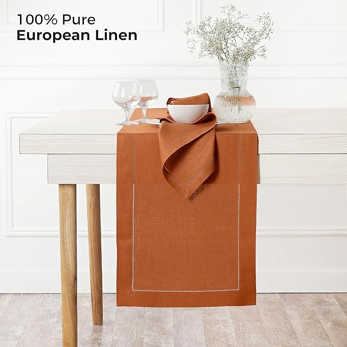 D'Moksha Homes Linen Rust Table Runner 60 Inches - Classic Hemstitch, 100% Pure Linen Coffee Table Runner 14 x 60 Inch Ideal for Dresser Tables - Winter, Christmas, Holiday, New Year
