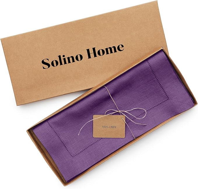Solino Home Linen Purple Table Runner 60 Inches - Classic Hemstitch, 100% Pure Linen Coffee Table Runner 14 x 60 Inch Ideal for Dresser Tables - Holiday, Christmas