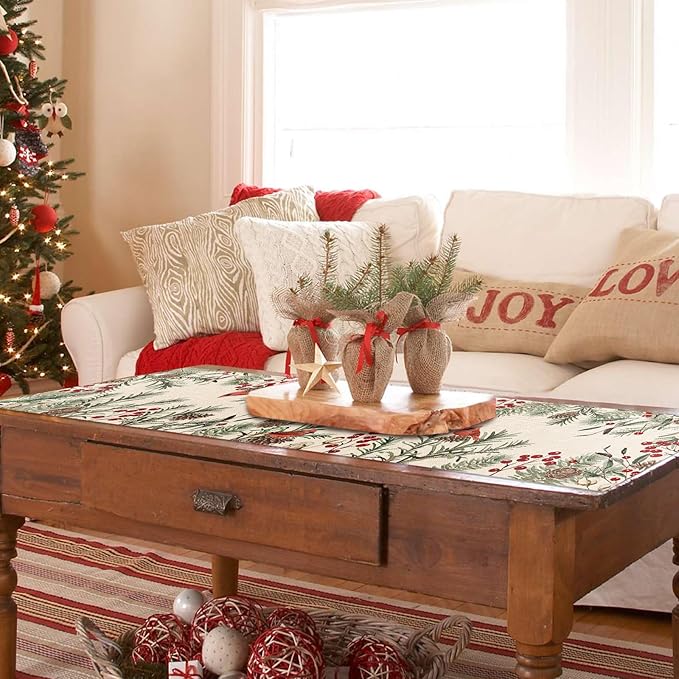 Seliem Winter Pine Needle Branches Table Runner, Pine Cone Cardinal Red Birds Berry Farmhouse Kitchen Dining Table Decor, Christmas Holiday Home Decoration Indoor Outdoor Party Supply 13 x 48 Inches