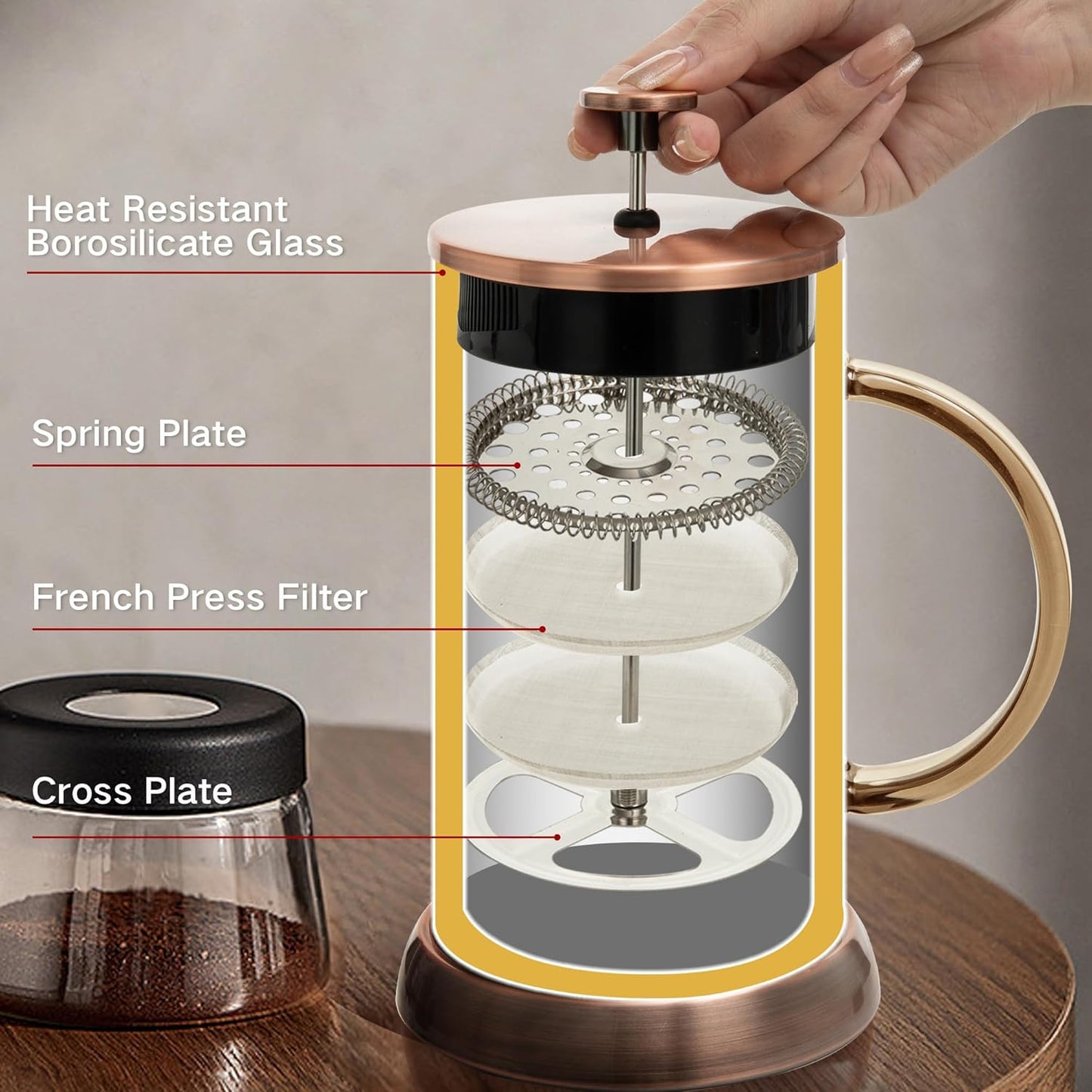 34 Ounce French Press Coffee Maker, 5-Cup Espresso Coffee Maker, Grey Cold Brew Heat Resistant Thickened Borosilicate Coffee Pot with 4 Stainless Steel Filter Screens