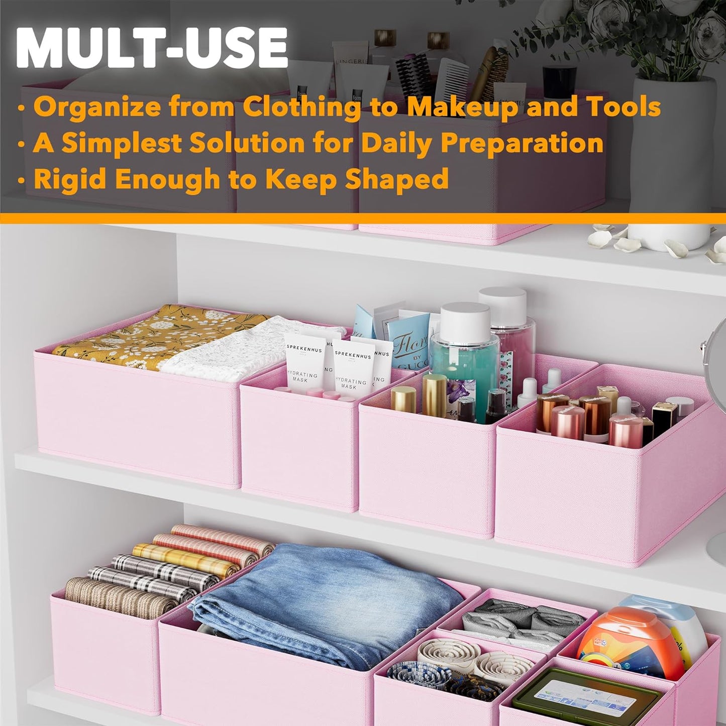 SpaceAid Drawer Organizer Clothes, 12 Pack Dresser Organizer Bins for Nursery, Closet Organization and Storage Dividers for Clothing, Baby Clothes, Underwears, Socks (Pink)