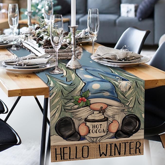 Seliem Hello Winter Blue Gnome Table Runner, Pine Tree Snowflake Hot Cocoa Farmhouse Kitchen Dining Table Decor, Christmas Holiday Rustic Home Decoration Indoor Outdoor Party Supply 13 x 90 Inches