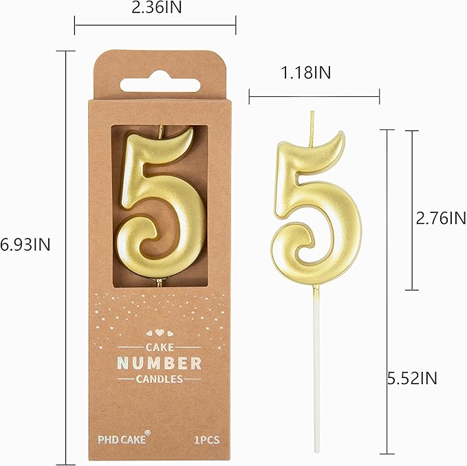 PHD CAKE 2.76 Inch Elegant Gold 5 Number Birthday Candles, Gold Number Candles, Cake Number Candles, Party Celebration