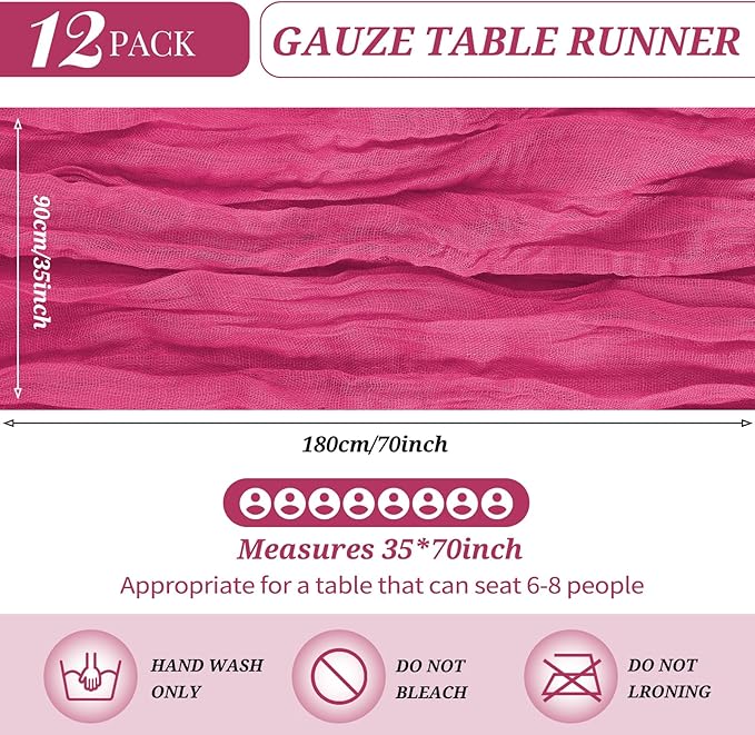 12 Pack Cheesecloth Table Runner 35 x 70 inch Long Boho Cheese Cloth Gauze Table Runners Semi Sheer Table Runner for Wedding Decor, Bridal Shower, Birthday Party (Hot Pink)