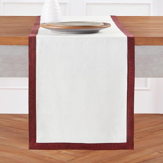Solino Home Linen Table Runner 48 Inches - 100% Pure Linen Red Garnet and White Small Table Runner 14 x 48 Inch Ideal for Dresser and Coffee Tables - Christmas, New Year, Winter - Classic