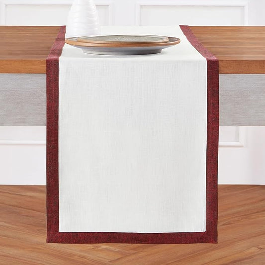 Solino Home Linen Table Runner 120 Inches Long - 100% Pure Linen Red Garnet and White Table Runner 14 x 120 Inch for Christmas, Holiday, Winter, New Year - Classic