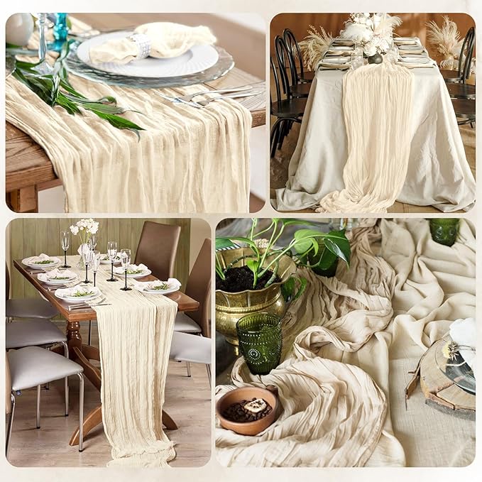 12 Pack Ivory Cheesecloth Table Runner 17x108 Inch Semi Sheer Boho Gauze Cheese Cloth Fabric Table Runners, for Wedding Party Baby Shower Birthday Home Decor Garden Farmhouse