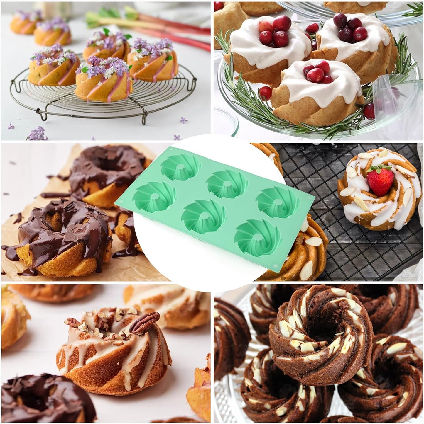 HUAKENER 2 Pcs Mini Fluted Cake Pan, 6-Cavity Fluted Cake Mold, Non-stick Silicone Baking Mold for Cupcakes, Donuts, Cornbread, Brownies, Jellies