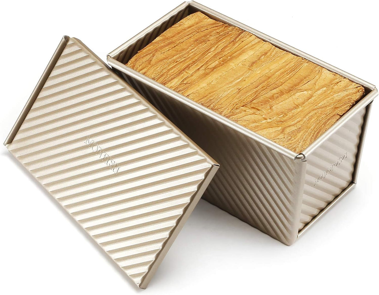 Monfish Pullman loaf Pan – loaf pan w lid - Wavy Non-Stick Toast Mold - Loaf Bread Baking Pan champagne gold (8.5x4.75x4.5)