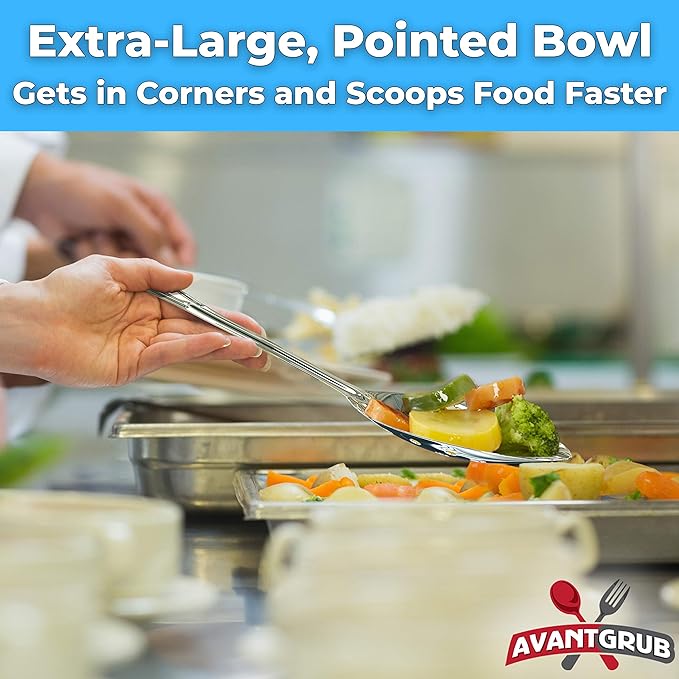 Super Strong, Ergonomic 11 in Serving Spoon 6 Pk (2 of Each Style). Big, Stainless Steel Spoons for Cooking, Baking, Stirring and Basting. Best Kitchen Flatware for Buffet and Banquet Food Service