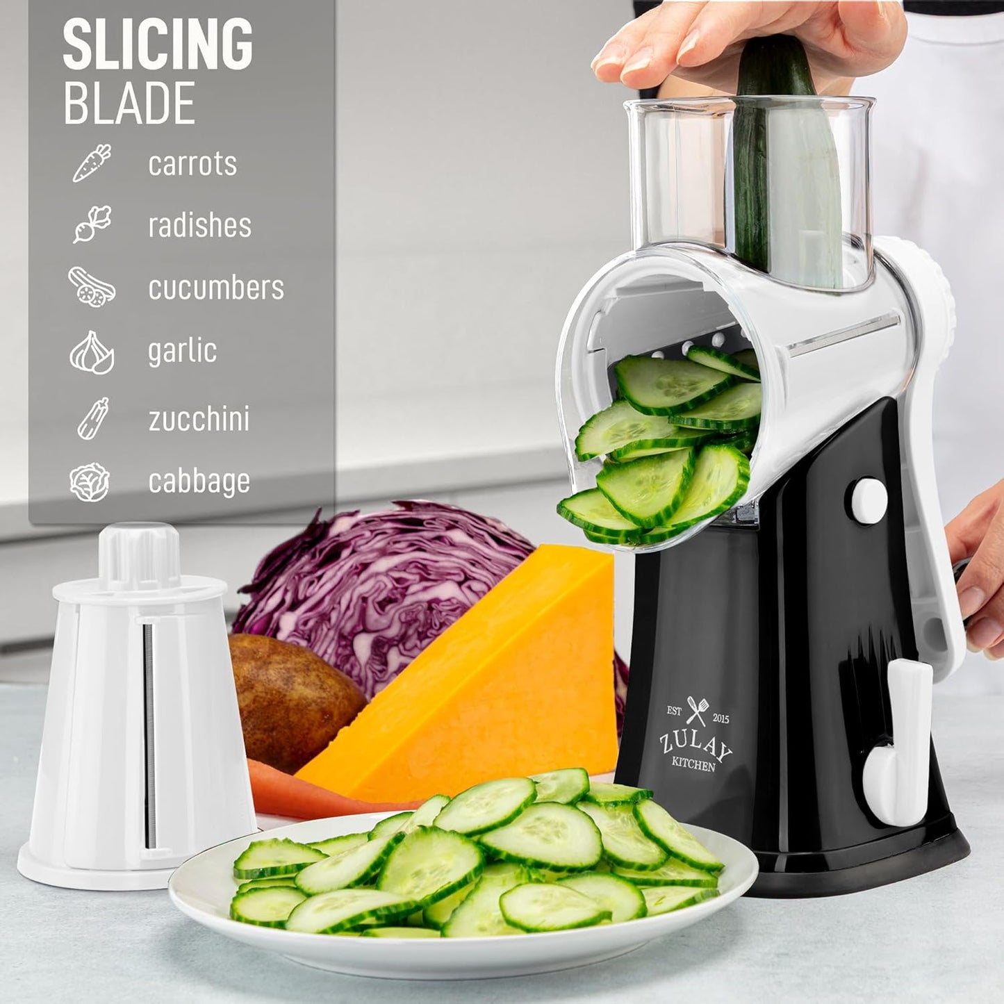Zulay Kitchen Rotary Cheese Grater 5 Blade Cheese Shredder - Manual Hand Crank Cheese Grater With Reinforced Suction & 5 Interchangeable Drums - Easy to Use, Vegetable Chopper Round Mandoline Slicer