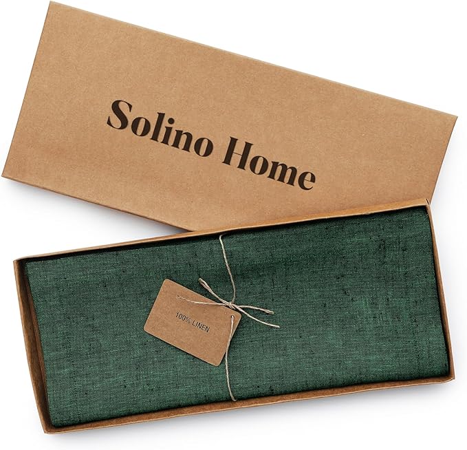 Solino Home Linen Table Runner 156 Inches Long - Athena, 100% Pure Linen Forest Green Table Runner 14 x 156 Inch for Dining, Christmas, New Year