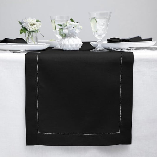 Solino Home Linen Black Table Runner 36 Inches - Classic Hemstitch, 100% Pure Linen Coffee Table Runner 14 x 36 Inch Ideal for Dresser Tables - Winter, Holiday, Christmas