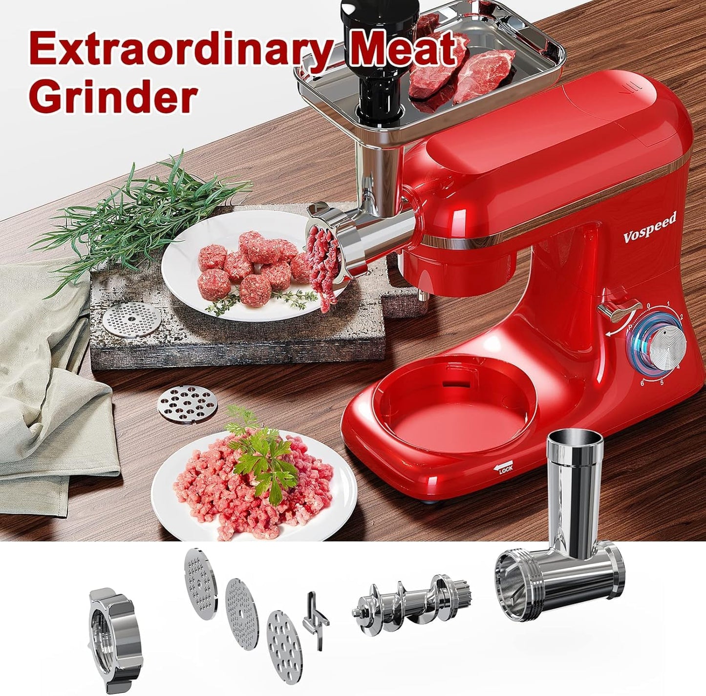 Vospeed 9 IN 1 Stand Mixer, 850W Tilt-Head Multifunctional Electric Mixer with 8 QT Stainless Steel Bowl, 1.5L Glass Jar, Meat Grinder, Hook, Whisk, Beater Dishwasher Safe (Red)