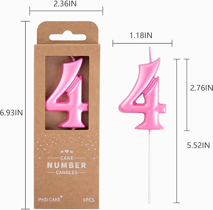 PHD CAKE 2.76 Inch Elegant Pink 4 Number Birthday Candles, Pink Number Candles, Cake Number Candles, Party Celebration