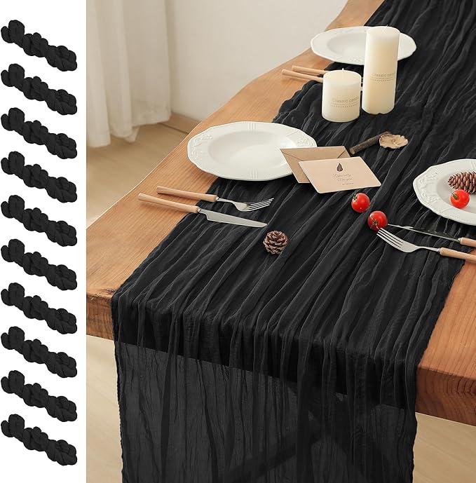 Leetaltree 10 Pack Black Cheesecloth Table Runner, 35x120 Inch Boho Rustic Cheese Cloth Table Runner, Decorative Table Runners for Bridal Baby Shower Decorations or Wedding Table Decorations