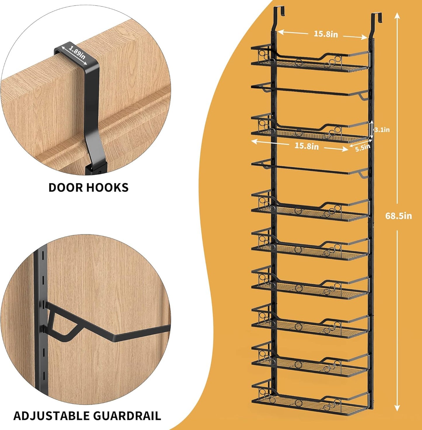 Moforoco 8-Tier Over The Door Pantry Organizer, Pantry Organization and Storage, Black Hanging Basket Wall Spice Rack Seasoning Shelves, Home & Kitchen Laundry Room Bathroom Essentials accessories