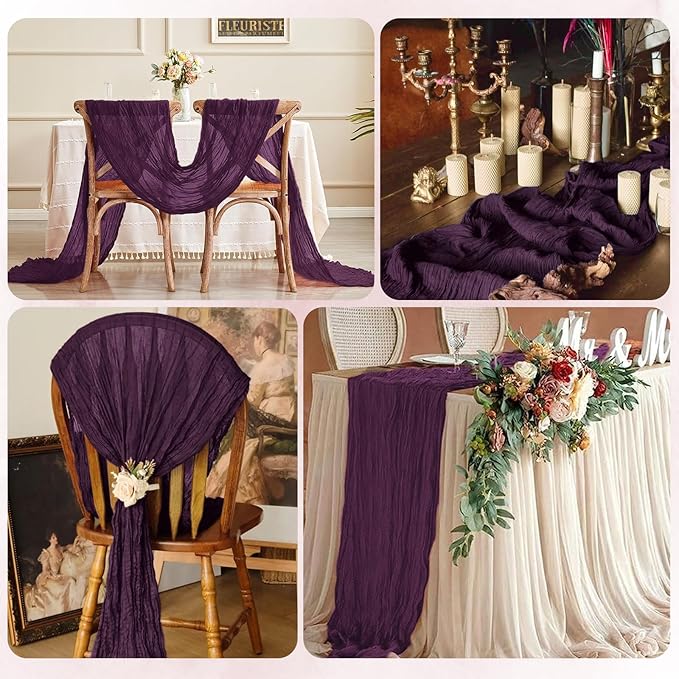 6 Pack Dark Purple Cheesecloth Table Runner 17x108 Inch Semi Sheer Boho Gauze Cheese Cloth Fabric Table Runners, for Wedding Party Baby Shower Birthday Home Decor Garden