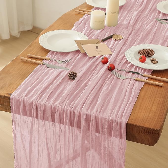 Leetaltree 1 Pack Dusty Pink Cheesecloth Table Runner, 35x120 Inch Boho Rustic Cheese Cloth Table Runner, Decorative Table Runners for Bridal Baby Shower Decorations or Wedding Table Decorations