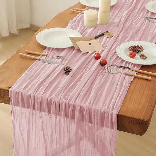 Leetaltree 1 Pack Dusty Pink Cheesecloth Table Runner, 35x120 Inch Boho Rustic Cheese Cloth Table Runner, Decorative Table Runners for Bridal Baby Shower Decorations or Wedding Table Decorations