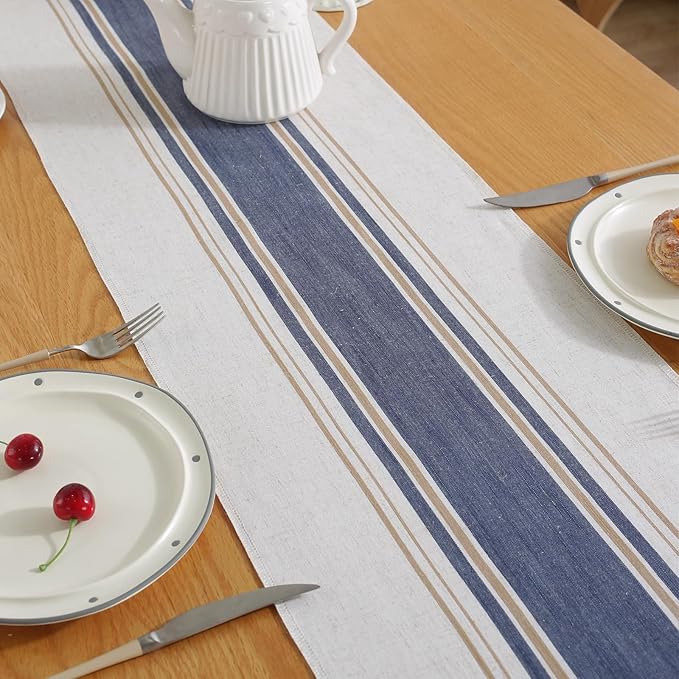 Niviy Blue Table Runner 60 Inches Long with Tassels, Seasonal Summer Washable Embroidered Striped Braided Blue and White Boho Table Runners for Holiday Party 12 x 60 Inches