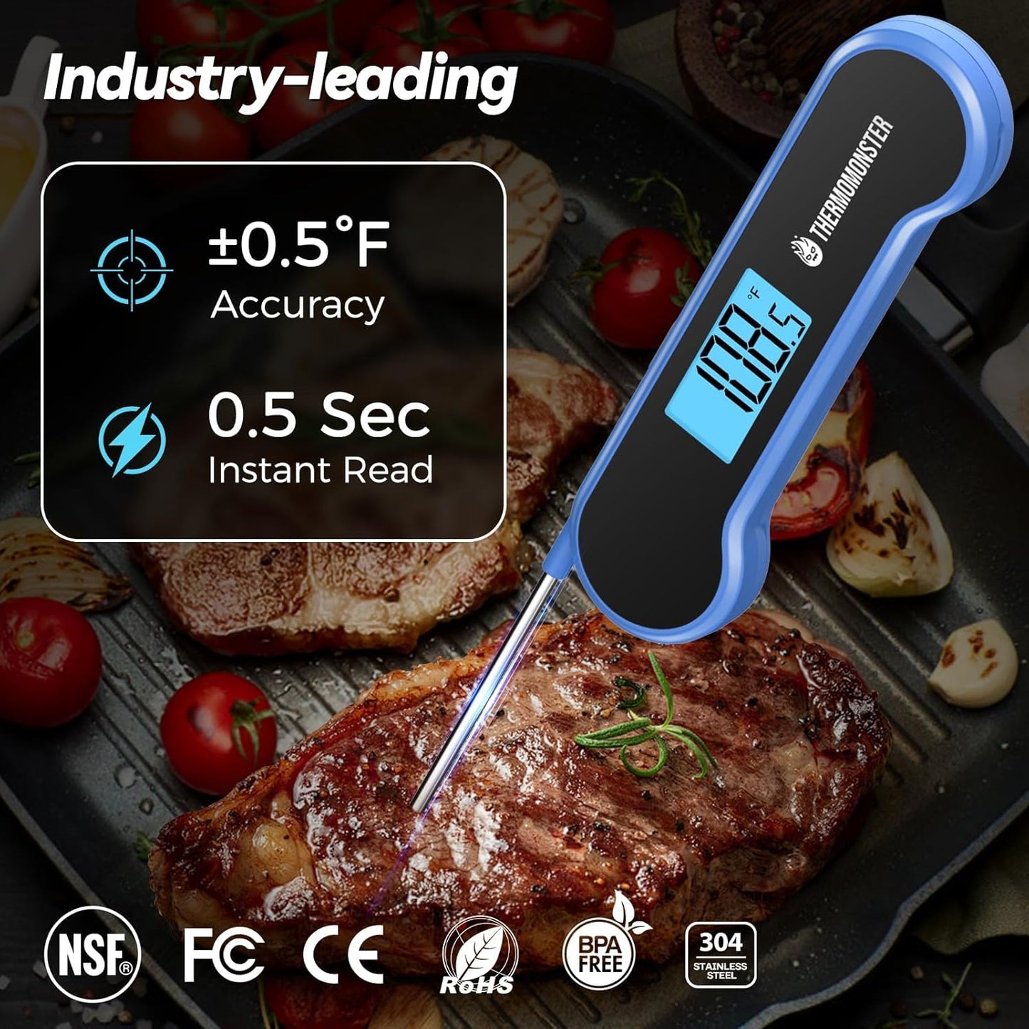 0.5 Sec Instant Read Meat Thermometer Digital with ±0.5℉ Precision, Food Thermometer for Cooking Kitchen Gadgets, Oven Grill Candy BBQ Essentials Accessories, Gifts for Him Dad Men Birthday, Blue