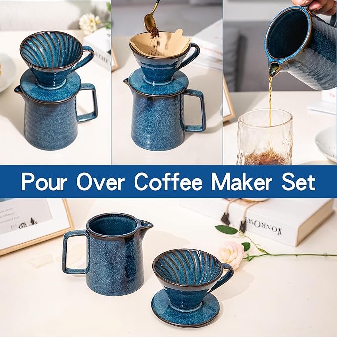Topadorn Pour Over Coffee Maker Set, 13 Oz Ceramic Coffee Maker & Pour Over Coffee Dripper, Reusable Drip Coffee Maker for Café Restaurant Home Camping, Blue