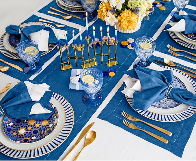 Solino Home Linen Indigo Blue Table Runner 144 Inches Long - 100% Pure Linen Extra Long Table Runner 14 x 144 Inch - Classic Hemstitch