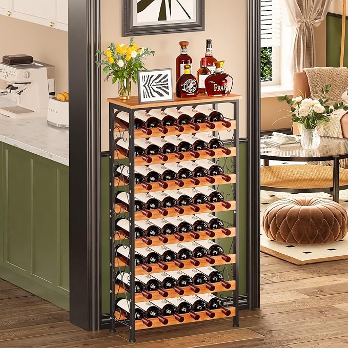 Sonyabecca 48 Bottles Wine Rack Freestanding Floor with Wood Top, 8 Tier Wine Bottle Holder, Wine Storage for Kitchen Pantry, Tall Wine Bar Stand Shelf Display 25.2''L X 10.7''W X 47.2''H