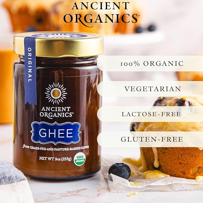 Ancient Organics Ghee - Organic Grass Fed Ghee Butter, Gluten Free, Clarified Butter, Vitamins & Omegas, Lactose Reduced, Kosher, USDA Certified - 28 Oz (Pack of 2)