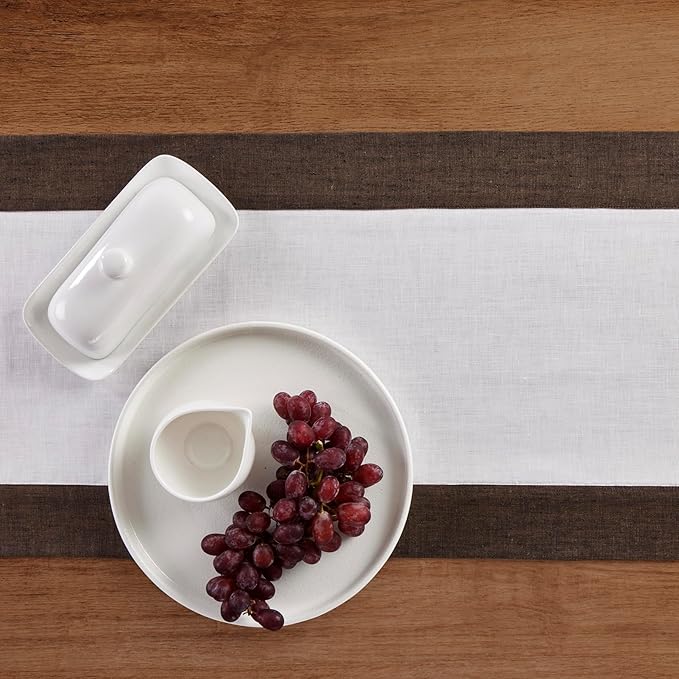 Solino Home Linen Table Runner 60 Inches - 100% Pure Linen Chambray Brown and White Table Runner 14 x 60 Inch Ideal for Dresser and Coffee Tables - Contempo
