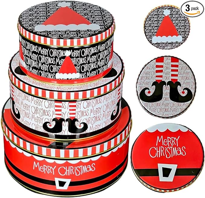 Pack of 3 Round Metal Nesting Tins – Stackable Christmas Cookie Tins with Lids for Kids' Cookies, Candy, Snacks, Crafts & Kitchen – Fun Xmas Elf Hat Design