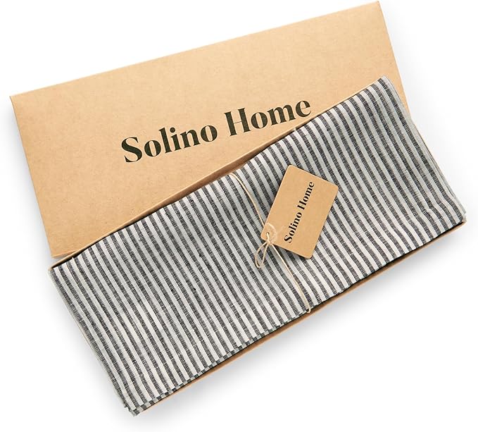 Solino Home Linen Striped Table Runner 108 Inches Long - Narrow Stripe 100% Pure Linen Black and White Dining Table Runner 14 x 108 Inch for Winter, Christmas, New Year
