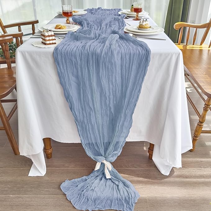 IVAPUPU 4 Pcs Cheesecloth Table Runner - 10ft Dusty Blue Boho Gauze Cheese Cloth Table Runners for Baby Shower Decoration Wedding Party Summer Garden Farmhouse