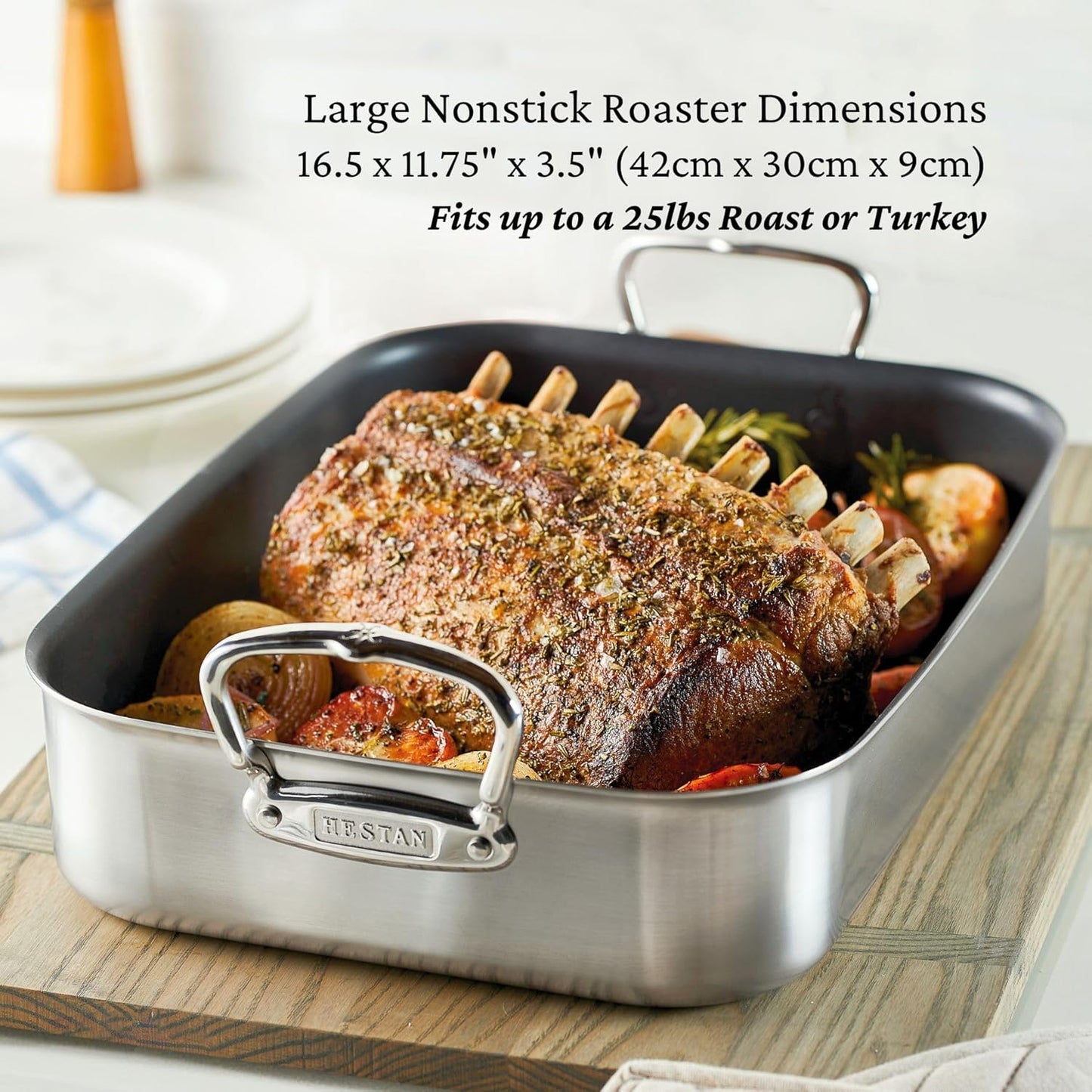 Hestan Provisions – 16.5" Classic Clad Nonstick Roasting Pan with Stainless Steel Rack
