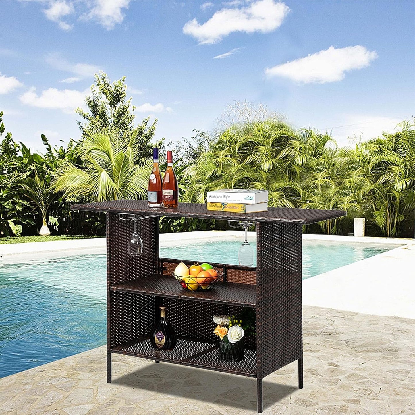 Outvita Outdoor Bar Counter Table, Patio Wicker bar Table with 2 Layer Shelves and Wine Racks for Poolside, Backyard, Garden, Porches Brown